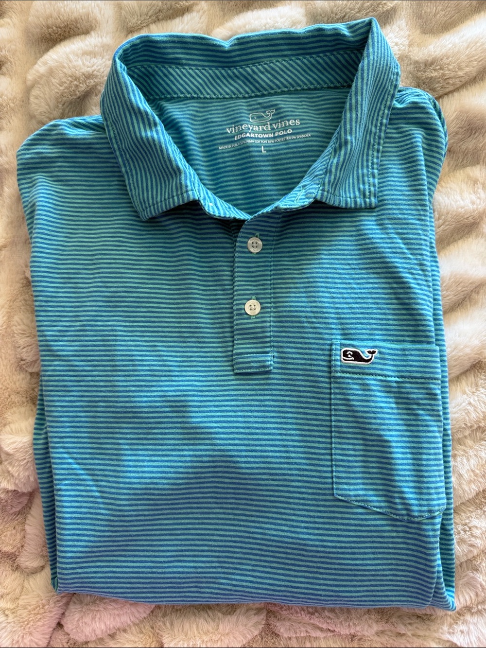 Vineyard Vines Teal and White Striped Men’s Polo with Pocket Whale Logo